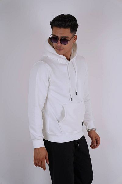 Est Estola Men's Hooded and Kangaroo Pocket White 3 Thread Sweatshirt