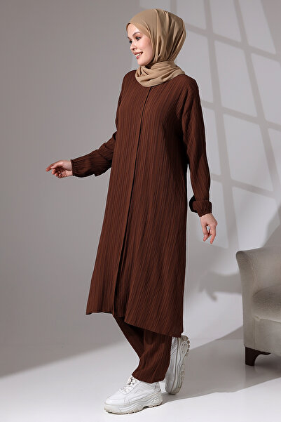 ihvan online Γυναικείο ύφασμα με κρυφό φερμουάρ Διπλό Σετ Hajj Umrah Στολή Καφέ