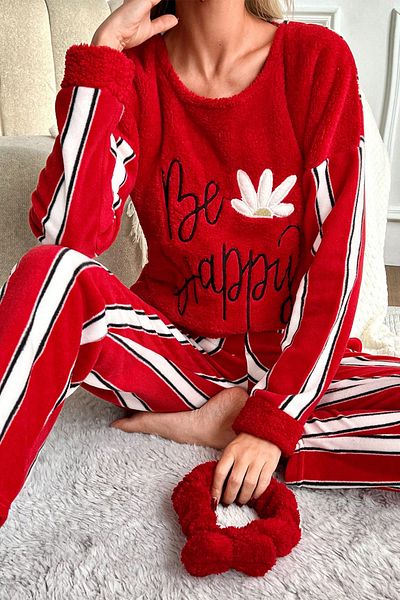 nisaNCa New Year's Themed Winter Plush Fleece Women's Pajama Set - Hair Band Gift