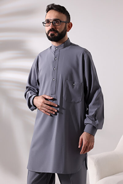 ihvan online Men's Gray Viscose Afghan Suit - Berat Hajj and Umrah Dress Double