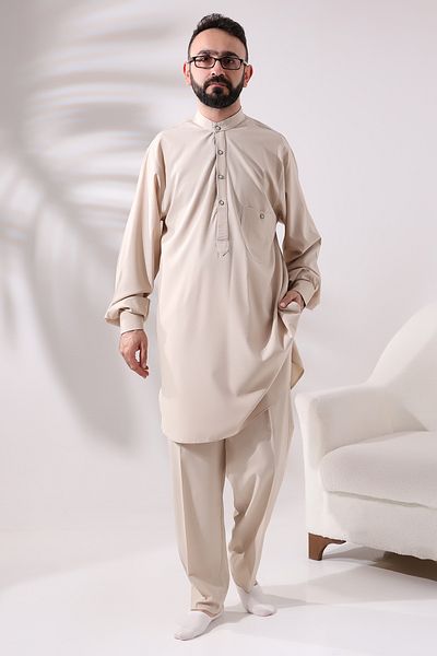 ihvanonline Men's Viscose Afghan Suit - Berat Hajj and Umrah Clothing, Dark Cream