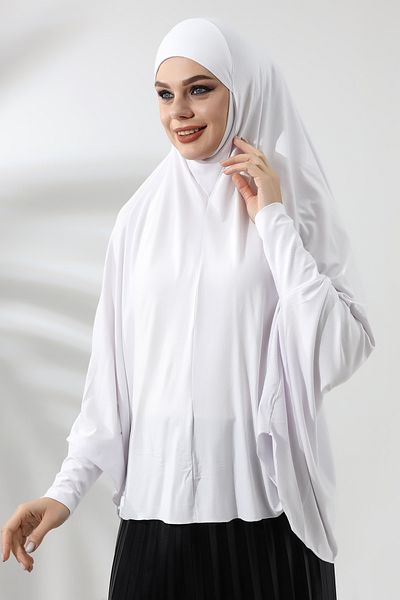 ihvanonline Λευκό έτοιμο πρακτικό Sultanbaş Hijab με μανίκια χτενισμένο βαμβακερό σουφλέ κασκόλ Hijab
