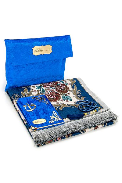 ihvanonline Luxury Prayer Rug Set with Velvet Pouch - Navy Blue Color