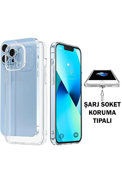 Evax (TIPALI ŞEFFAF) Iphone 13 Pro Max Kamera Koruyuculu Şarj Yeri Tıpalı Yum...