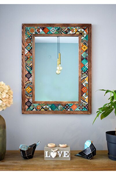 Mandala Temalı, Masif Ahşap Ve Desenli Mermerden Dekoratif Ayna - 48x63cm - 015.1