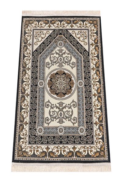 İhvan Patterned Chenille Prayer Rug - Black