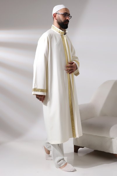 ihvan online Rochie de rugăciune pentru bărbați, crem, cu model de trandafiri brodat, guler Hakim, Cămașă Imam