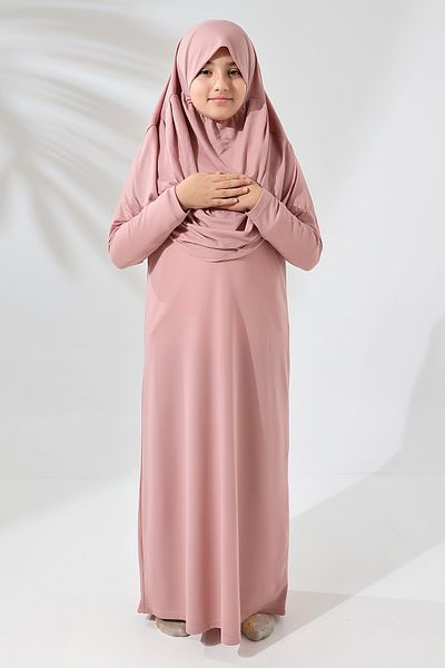 ihvanonline One Piece Practical Children's Prayer Dress with Headscarf Dried Rose