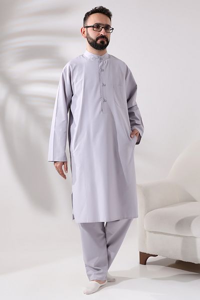 ihvanonline Men's Hajj and Umrah Clothes Double Bottom Top Afghan Suit Gray