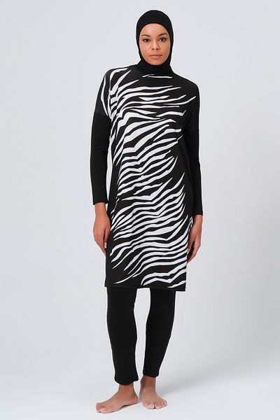 ihvanonline Zebra Patterned Black Women's Hijab Swimsuit - Full Covered, Alfasa 23691