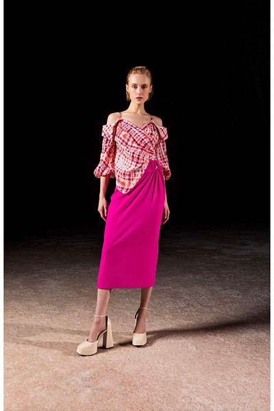 KAMEYA Ecru Orange Patterned Off Shoulder Blouse