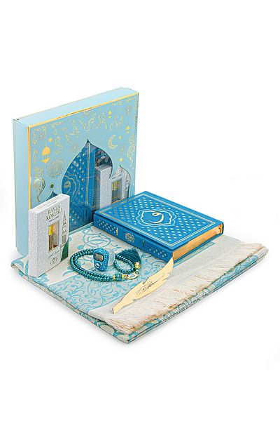 ihvanonline Blue Vav Patterned Thermo Leather Arabic Quran and Prayer Rug Set