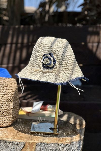 Marina Beige Colored Flower Patterned Straw Hat - 14520