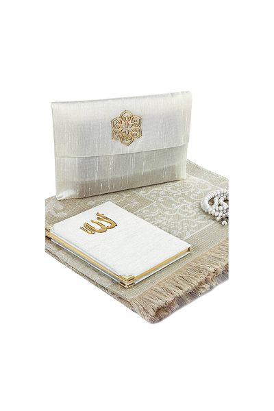 İhvan Σετ Χαλιά Προσευχής Slub Covered Yasin Prayer Rug Χάντρες προσευχής Λευκό Χρώμα
