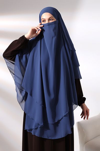 ihvanonline Eșarfă albastră, cu trei straturi, din șifon, cu voal, Hijab Souffle