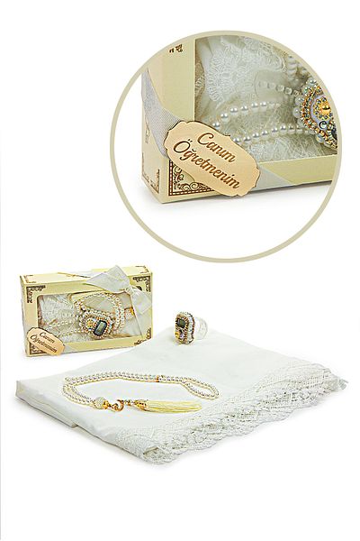 ihvanonline Special Boxed Gift Shawl Zikrmatik Prayer Beads Set for Teacher's Day White