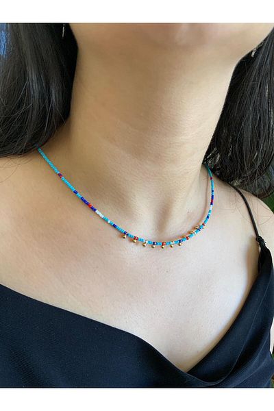 azra takı tasarım Blue and Colorful Minimal Design Short Bohemian Women's Necklace