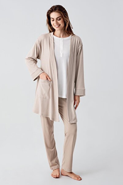 Artış Long Sleeve Stripe Flexible Ribbed Viscous Maternity Dressing Gown Pajama Set