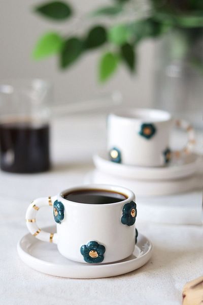 ada mia seramik 24K Gold Decorated 2-Piece Floral Ceramic Cup Set - 120ml