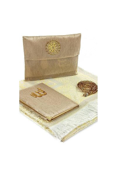 İhvan Prayer Rug Set Slub Covered Yasin Prayer Rug Rosary Cream Color