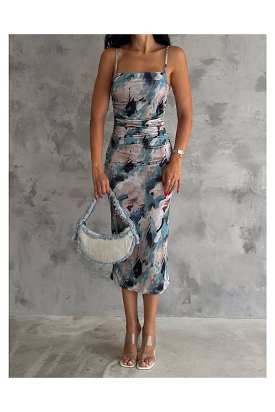 DEQ FASHION Thin Straps Draped Waist Midi Length Dress