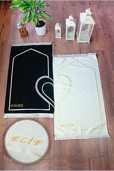ihvanonline Name Embroidered Soft Textured Chenille Prayer Rug Set with Hearts for Couples Black Cream