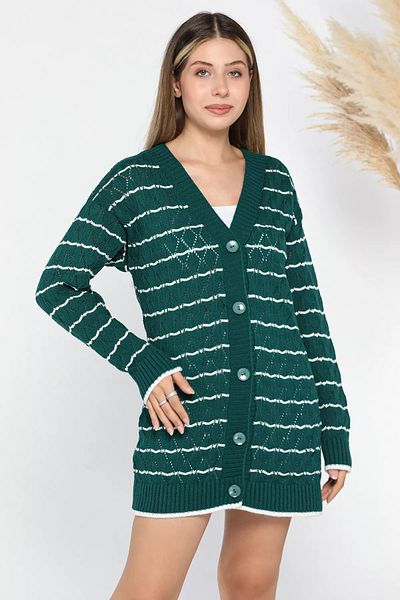 GÜLSELİ Women's Knitwear Cardigan - Emerald Green Striped