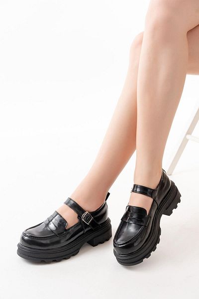 Aymood 745-771 Mocasini de zi cu talpa inalta din piele lacuita neagra