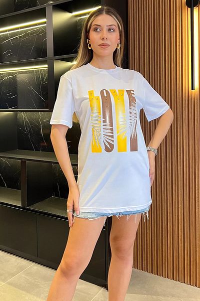 GÜLSELİ Love Printed White Stone Γυναικείο T-Shirt - Crew Neck