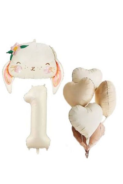 Çemrek Süs Parti Beige 1 Year Old Foil Balloon Set Coffee Heart Beige Foil Heart Balloon and Bunny Foil Balloon 7 Pieces