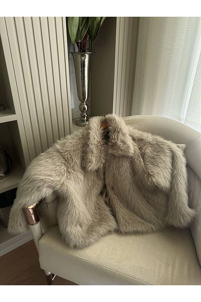 ky butikkk Palton de damă Stone Color - Detaliat cu blană