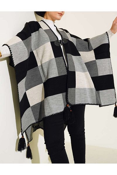 Lavanta Tekstil Gray Plaid Patterned Knitwear Poncho