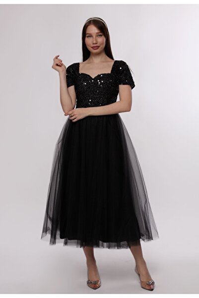 Asees Kadın Abiye Ve Mezuniyet Elbise, Modeli Düşük Kollu Kalp Yaka Pullu Şık Kelebek Abiye Elbise