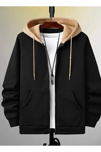 CAST COLLECTİON Jachetă unisex neagră cu glugă și detaliu bej cu fermoar