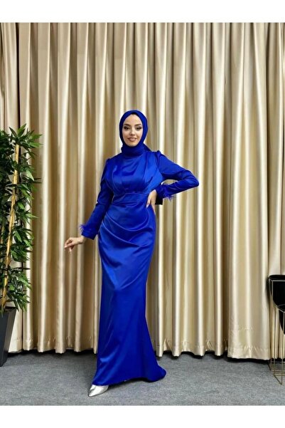 modadeywearst Rochie de seara hijab din satin cu ciucuri - cu maneci