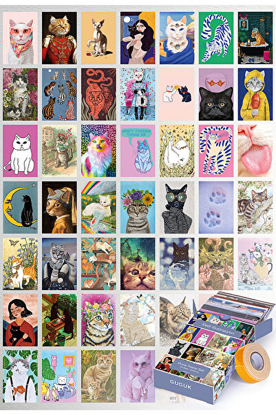 GUGUK Kedi Illustrasyon 54 Adet Poster Seti, Özel Tasarım Kutulu, Oda Dekoru