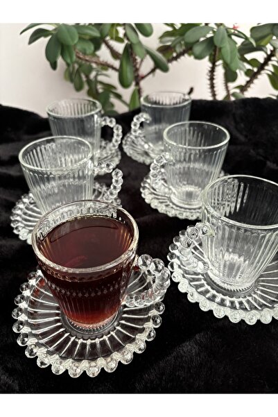 DİBA AVM Bead Model 12 Pieces Tea Cup Teaware Set 6Pcs Tea Saucer 6Pcs Mug with Cups Set
