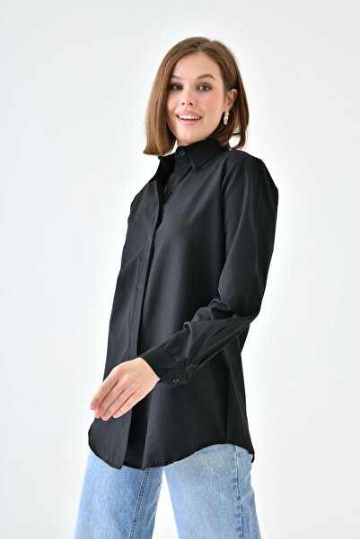 enmodaiçgiyim Чорна базова довга жіноча сорочка – зручний крій, вільна, без кишень, пряма, для повсякденного та офісного вбрання