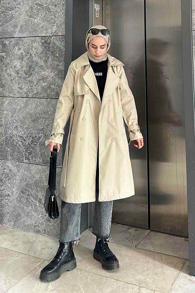 lamelif Καμπαρντίνα σε κρεμ χρώμα Classic Belted
