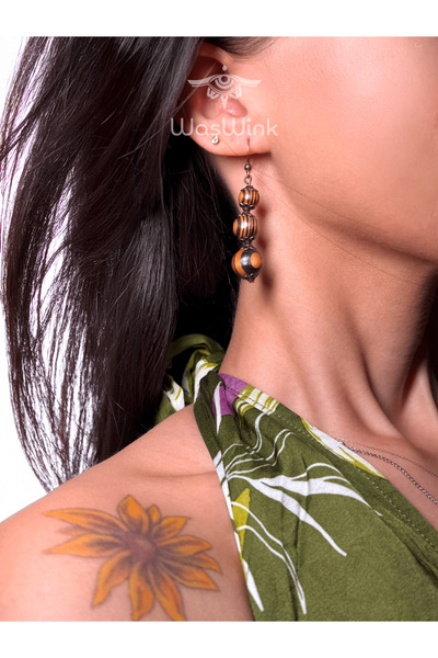 xiyanike El Yapımı Doğal Ahşap Boncuklu Sallantılı Küpe - Bohem Tarz