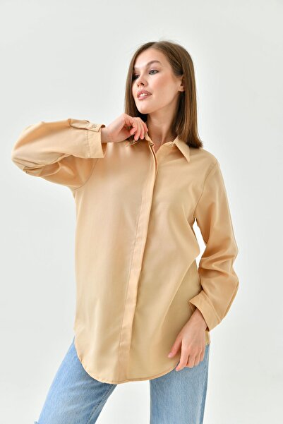 enmodaiçgiyim Camel Renk Basic Довга жіноча сорочка – зручний крій, вільна, без кишень, пряма, для повсякденного та офісного вбрання