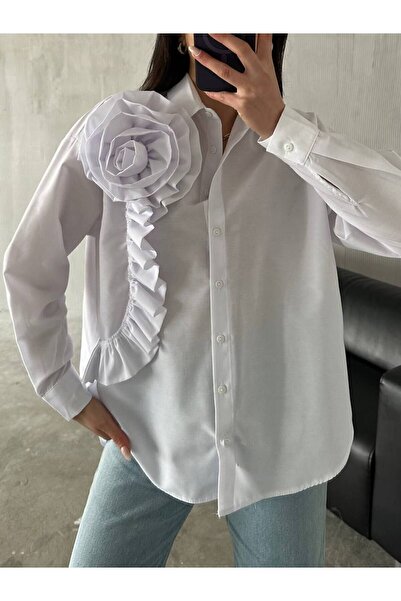 DuSiMoDa Women's White Shirt Flounced Flower Figured Low Sleeve