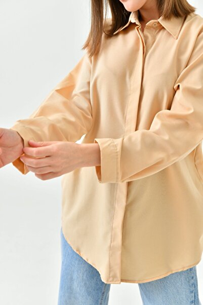 enmodaiçgiyim Camel Renk Basic Довга жіноча сорочка – зручний крій, вільна, без кишень, пряма, для повсякденного та офісного вбрання