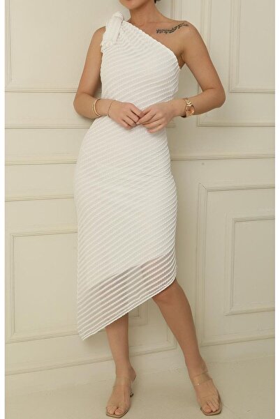 MACHEK Λευκό φόρεμα από τούλι με ασύμμετρη κοπή με φιόγκο με έναν ώμο