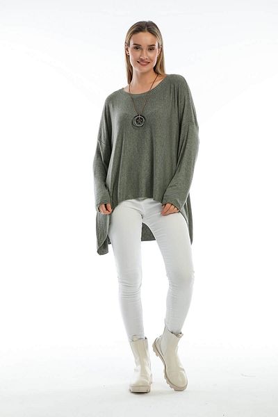 AYASOFYA OTANTIK Χακί Χρώμα Γυναικεία Πλεκτά Μπλούζα Oversize - Crew Neck, Λεπτομέρεια Κολιέ, Χαλαρό Πουλόβερ