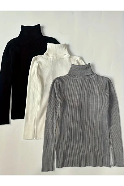 Buteks Unisex Gri - Beyaz - Siyah 3’lü Premium Pamuklu Balıkçı Yaka Şardonlu Slimfit Boğazlı Kazak