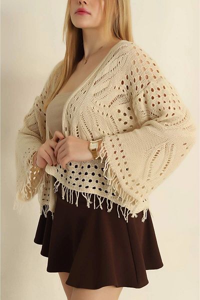 miratriko Women's Tasseled Patterned Openwork Seasonal Open Front Knitwear Cardigan 100% Cotton