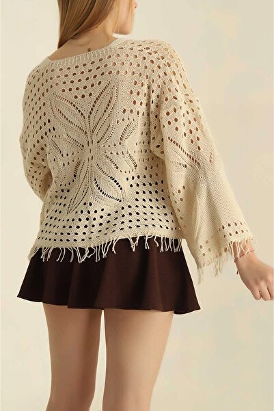 miratriko Women's Tasseled Patterned Openwork Seasonal Open Front Knitwear Cardigan 100% Cotton