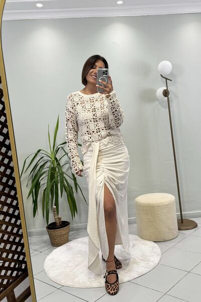 Bucle By Gizem Drapeli Büzgülü Yırtmaçlı Etek Naturel Bej