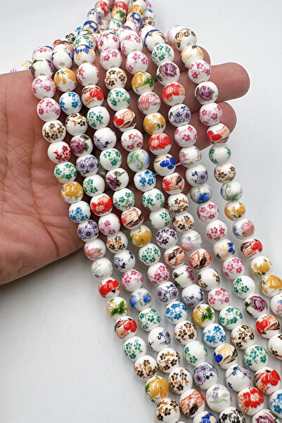Ebruli Boncuk 10mm Yuvarlak Çiçek Desenli Boncuk Seramik Takı Yapımı Aksesuar Boncuk Bead (1 DİZİ)